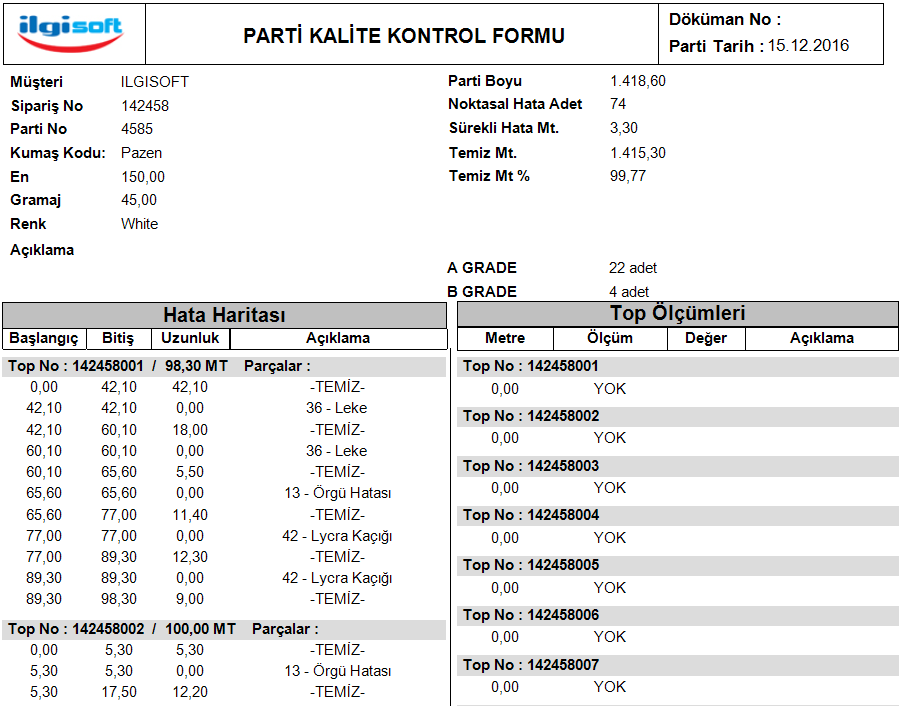Parti Kalite Kontrol Formu